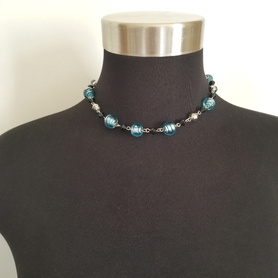 Silver Blue Glass Rhinestone Necklace